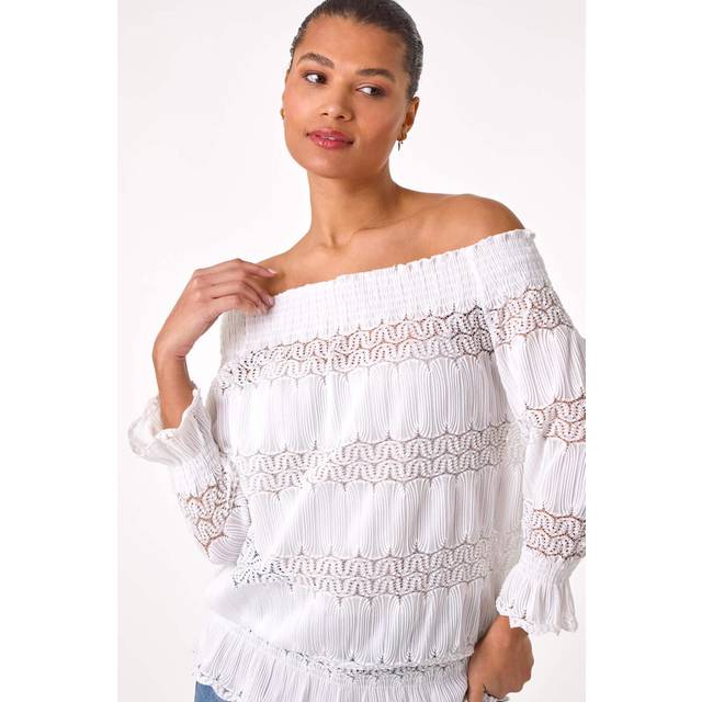 Lace Insert Frill Bardot Top - Cream - 20