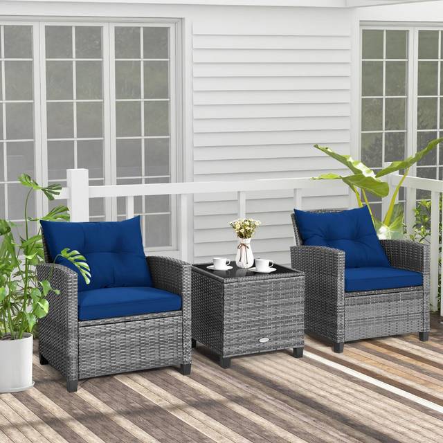 3 Piece Patio Rattan Sofa Set Backyard Outdoor Wicker Conversation Set - Blue (2)
