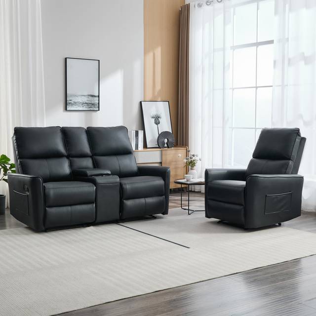 MADRID 1+2 SEATER w CONSOLE MANUAL AIR LEATHER RECLINER SOFA SET BLACK - Black (161cm W X 94.5cm D)