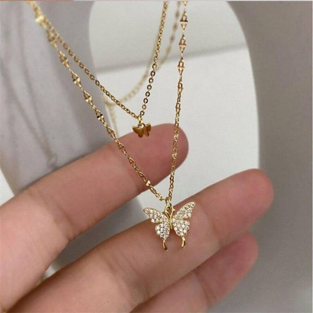 (gold) New Shiny Butterfly Necklace For Woman Girls Ladies Exquisite Double Layer Clavicle Chain Necklace Fashion Jewelry Gift