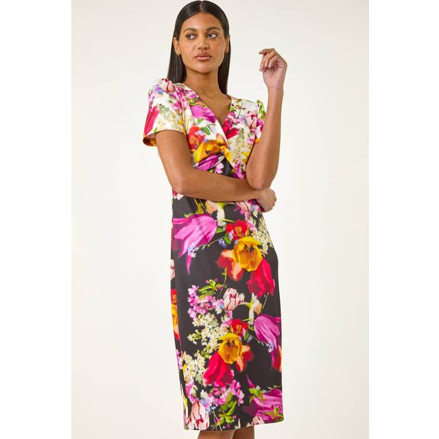 Floral Print Twist V-Neck Stretch Dress - Ivory - 10