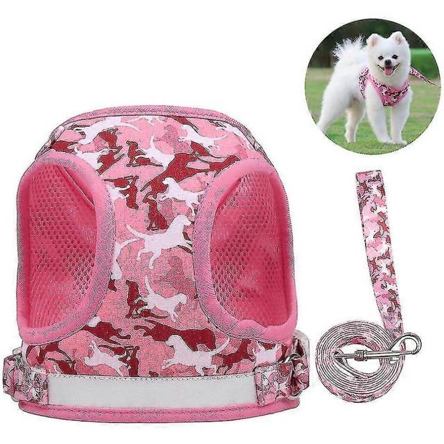 (Pink, L) Camouflage Dogs Harness Vest Leash And Collar Set For Small Medium Dogs Chest Strap