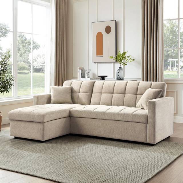 Harriet Upholstered Sofa & Chaise - Beige Linen (82cm H X 210cm W X 145cm D)