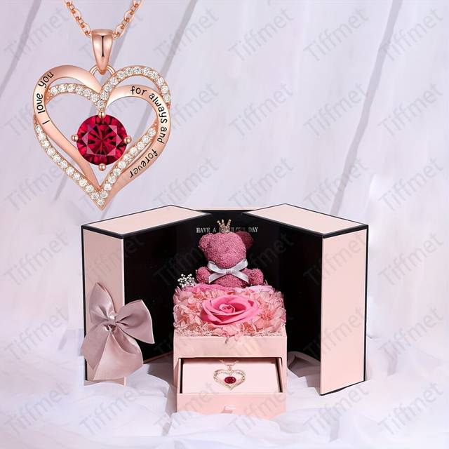 (Golden) Heart Zircon Necklace with Luxury Double Door Bow Bear Rose Gift Box