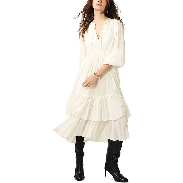 Plume Tiered Dress - ECRU - Add a touch of Parisian flair to your weekly edit with ba&sh, a brand built on the foundation of Barbara Boccara and Sharon Krief’s childhood friendship and passion for fashion. With a focus on providing staples for your everyday wardrobe that can transcend seasons, the label offers everything from basics to outerwear and occasionwear, all finished with intricate details and brimming with a lively, joyful elegance.