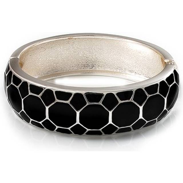Black enamel 'honeycomb' hinged bangle bracelet (silver tone)