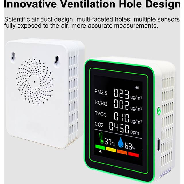 6 In 1 Air Quality Monitor Portable Temperature Humidity PM2.5 HCHO TVOC CO2 Detector Accurate white