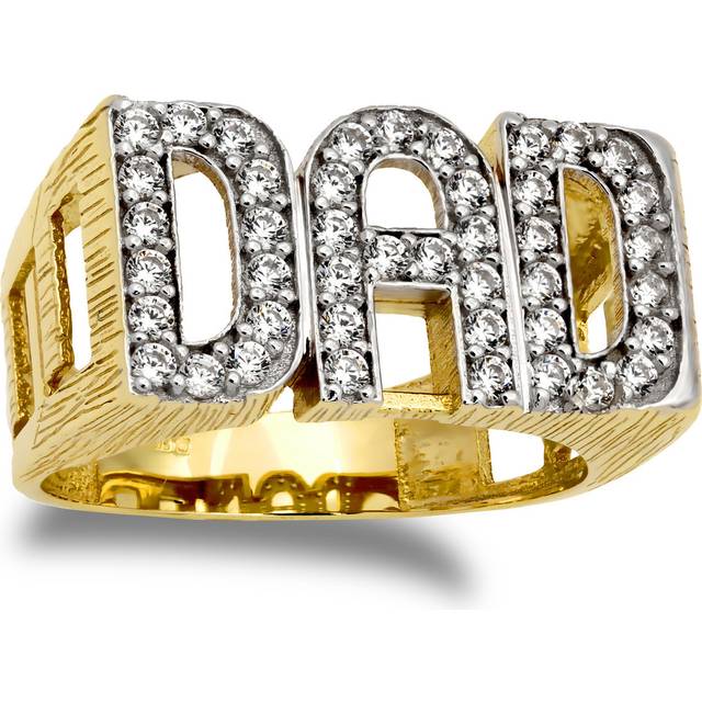 (R) Jewelco London Men's Solid 9ct Yellow Gold White Round Brilliant Cubic Zirconia Curb Link Sides DAD Ring