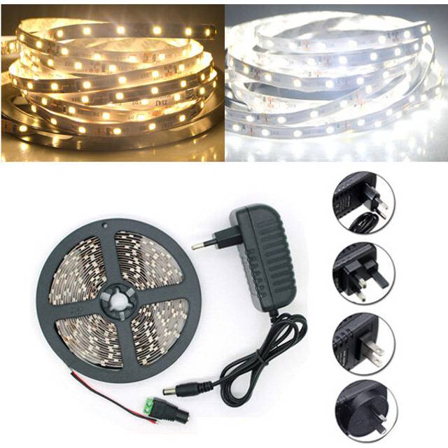 (White, UK Plug) 5M SMD 2835 300 LED White/Warm White LED Strip Flexible Light + Power Supply + Connector DC 12V