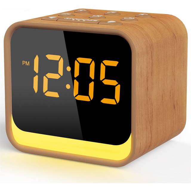 FM Radio Alarm Clock With White Noise Machine, Digital Dimmable Display, 9 Alarm Tones, 7 Colors Nightlight, Soothing Sounds, Sleep Timer, Snooze, Mai - Brown (8cm H X 9cm W X 4cm D)
