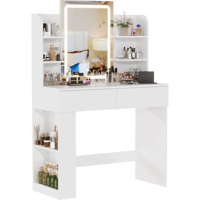 Metro LED Light Dressing Table Side Storage Makeup Desk 40cm Desktop Vanity Desk With 2 drawers and 7 storage Shelves Clear;Cream;Ivory 125cm H X 90cm W X 40cm D