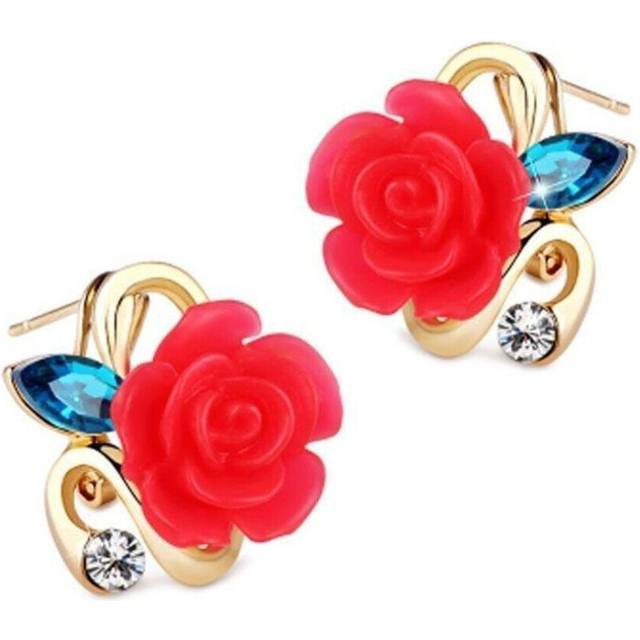 (red) Fashion And Elegant Ladies Rose Earrings Dual-use Clip-on Flower Tassel Earrings Jewelry