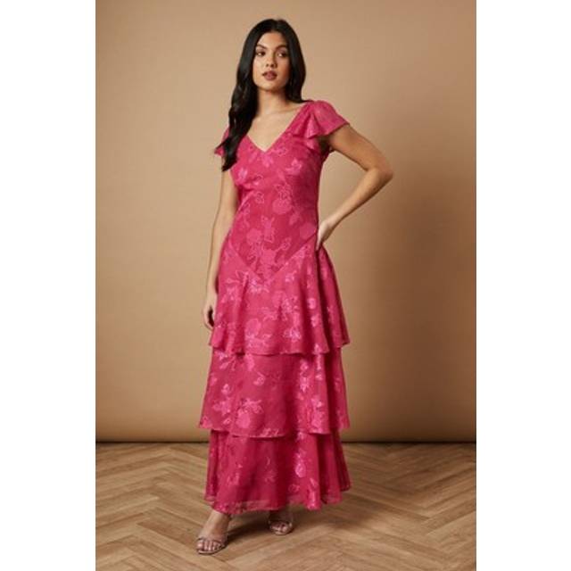 Plain Jacquard Cap Sleeve Chiffon Ruffle Pleated Maxi Dress - Pink - 14,12,10,8