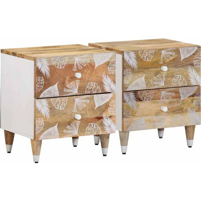 Bedside Cabinets 2 Pcs 40X33.5X46 Cm Solid Wood Mango - Brown;White (46cm H X 40cm W X 33.5cm D)