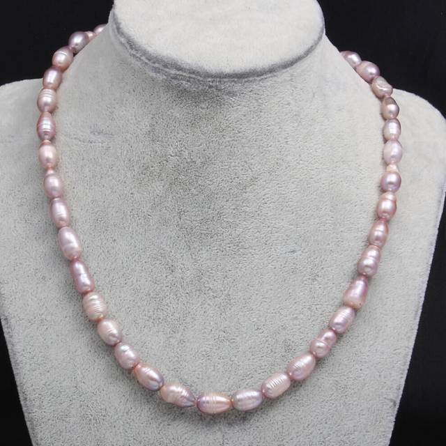 (purple, 9-10mm) Women Pearl Necklace Natural Freshwater Pearl Rice-shaped Beads For Birthday Gift Chain 45 Cm