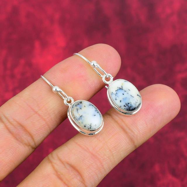 (white, 1.50 Inches) Dendrite Opal Earrings 925 Solid Sterling Silver Gemstone Jewelry, Handmade Earrings For Thanksgiving