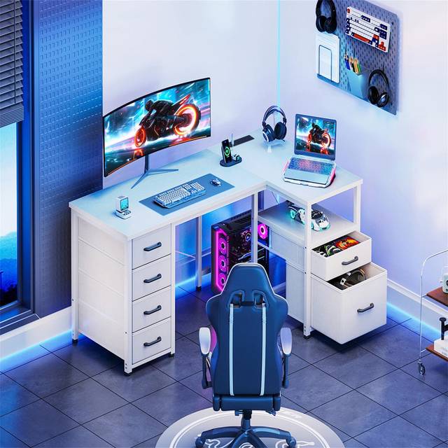 Corner Computer Desk With 1 Filing Cabinet And 5 Linen Drawers, L-Shaped Desk With Power Outlets, Computer Desk With Storage - White