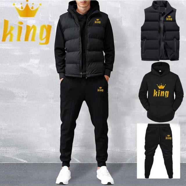 (black, S) Men Casual Sets Vest + Hoodies + Pants 3 Piece Tracksuit Male Sportswear Set