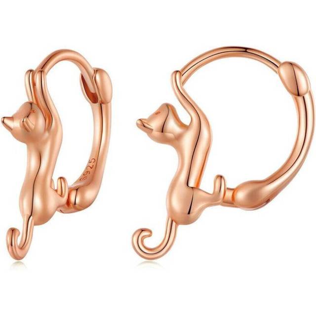 (rose gold) Wostu Real 925 Sterling Silver Black Cute Cat Stud Earrings For Women Fine Jewelry Party Gift Rose Gold Animal Hoop Aretes