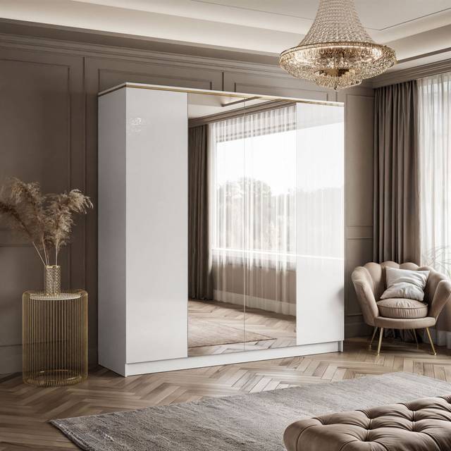 AURORA 4D white gloss Wardrobe with mirror, Push-to-Open - Gold (210cm H X 200cm W X 57cm D)
