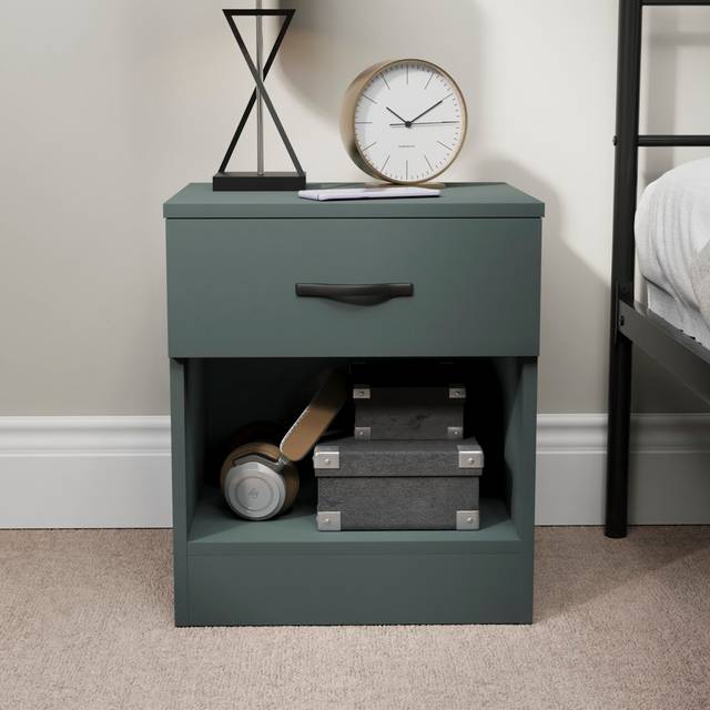 Maybery 1 Drawer Bedside Table With Open Shelf, Bedroom Storage Cabinet - Jasper Green (47cm H X 40cm W X 36cm D)
