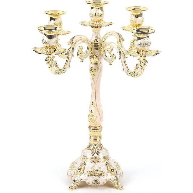 Candelabra Candle Holder, 5-Arms Metal Vintage Candle Stick Stand, For Wedding Birthday Party Centrepieces Dining Table Christmas Decorations, Tall 38 - Gold (38cm H X 32cm W X 32cm D)