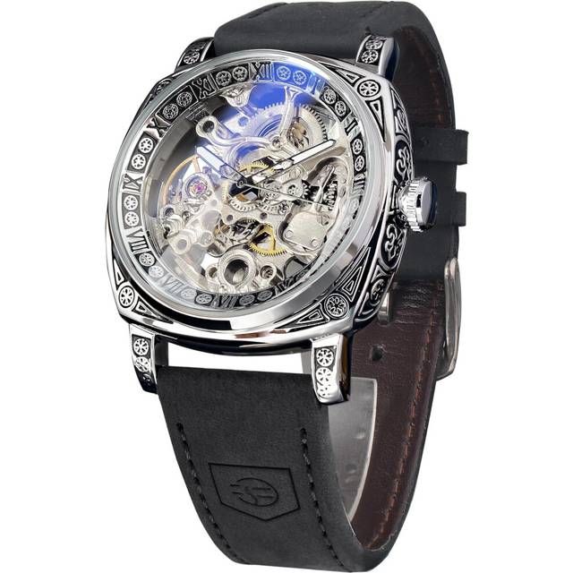 Retro Hollow Design Manual Automatic Winding Waterproof Leather Strap Wristwatch