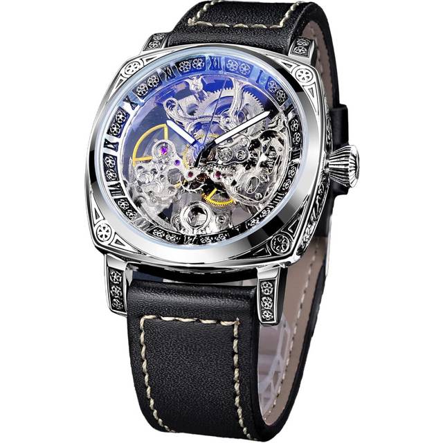 Retro Hollow Design Manual Automatic Winding Waterproof Leather Strap Wristwatch