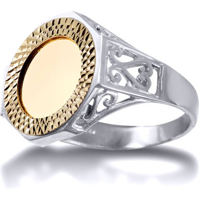 (K) Jewelco London Solid Sterling Silver Octagon Scroll Quarter Sovereign Coin Mount Ring - 9ct Gold Bezel - XRN156-Q