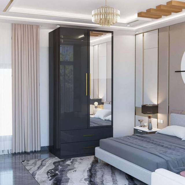 Modern High Gloss Double Door Hinged Wardrobe 80cm Black/Grey/White (200cm H X 80cm W X 50cm D)