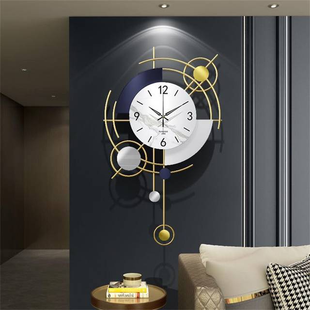 Decorative Wall Clock Gold - Large Pendulum Clock, 42 X 70 Cm Elegant Gold, White & Blue Design, Silent Sweep Movement, Modern Clock For Living Room & - Blue;White (70cm W X 42cm H X 4cm D)