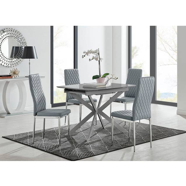 Eubanks Modern High Gloss Extendable Dining Table Set with Luxury Faux Leather Dining Chairs - Grey (4)