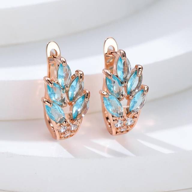 (aqua) Fashion Women Rose Gold Color Leaf Ear Hook Earrings Marquise Cut Red Blue Purple Stone Pendant Earrings Jewelry Bridal Wedding Gift Accessorie