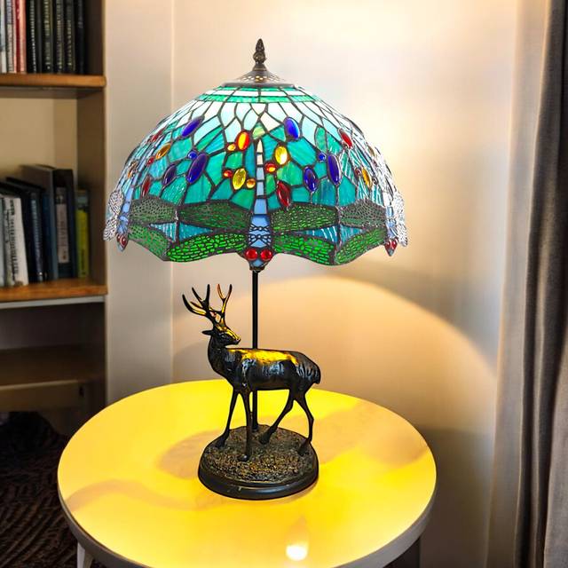 Aqua Blue Tiffany Table Lamp with Stag Base, 30cm Diameter Shade, UK Plug - Brown (57cm H X 30cm W X 30cm D)