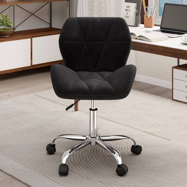 Modern Velvet Office Chair Adjustable Swivel Desk Chair with Shell Backrest and Silver Coloured Metal Feet - Black (48cm W X 44cm D)