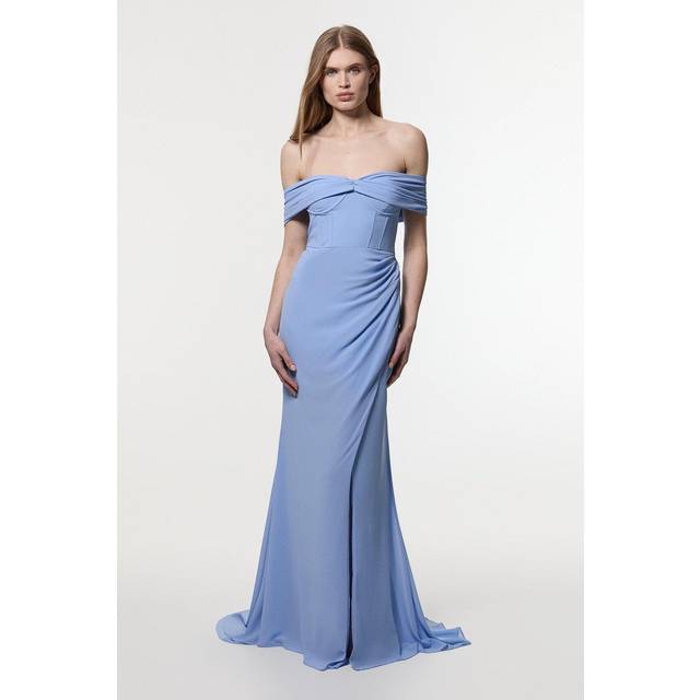 Georgette Pleated Bustier One Shoulder Drama Woven Maxi Dress - Light Blue