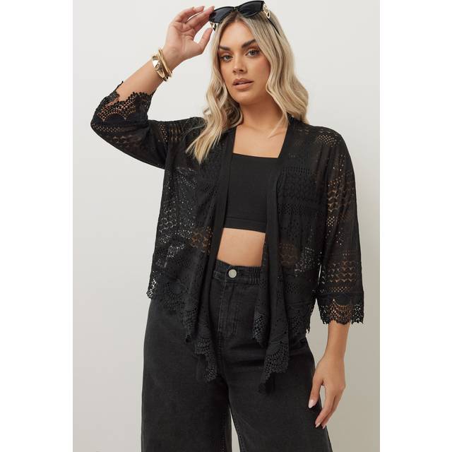 Yours Curve Black Crochet Waterfall Cardigan, Women's Curve & Plus Size, Yours - 26-28