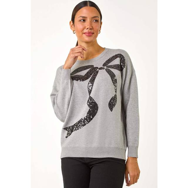 Bow Sequin Detail Knit Jumper - Grey - 14