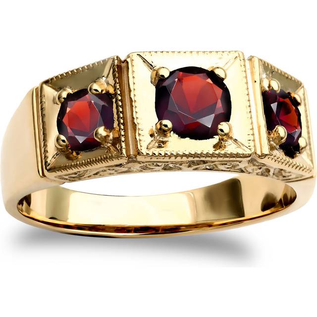 (R) Jewelco London Men&#39;s Solid 9ct Yellow Gold Round Brilliant Garnet 3 Stone Trilogy Carved Gypsy Ring - JRN217