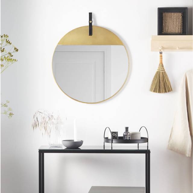 Kimura Round Metal Framed Wall Mounted Accent Mirror in Gold (70cm H X 60cm W X 3cm D)