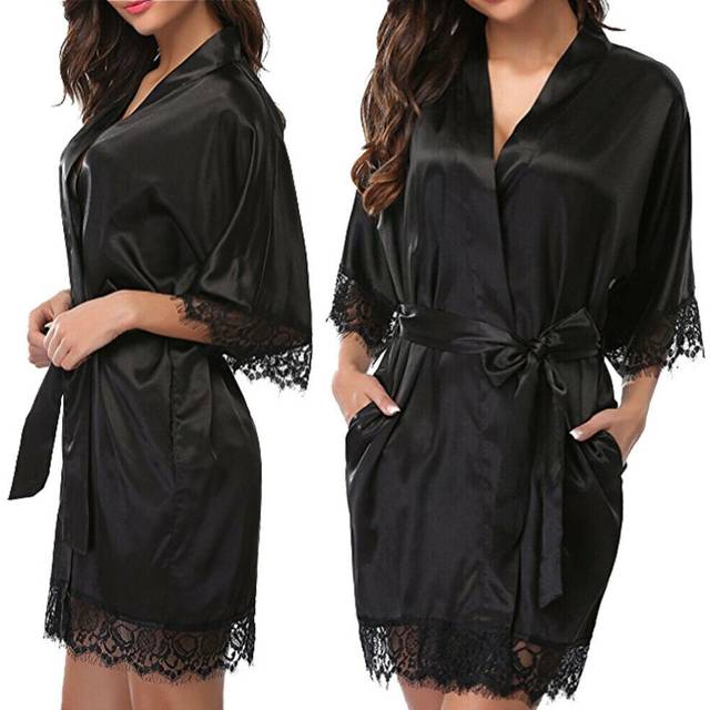 (Black, 3XL) Women's plain silk satin tether pajamas robe bathrobe