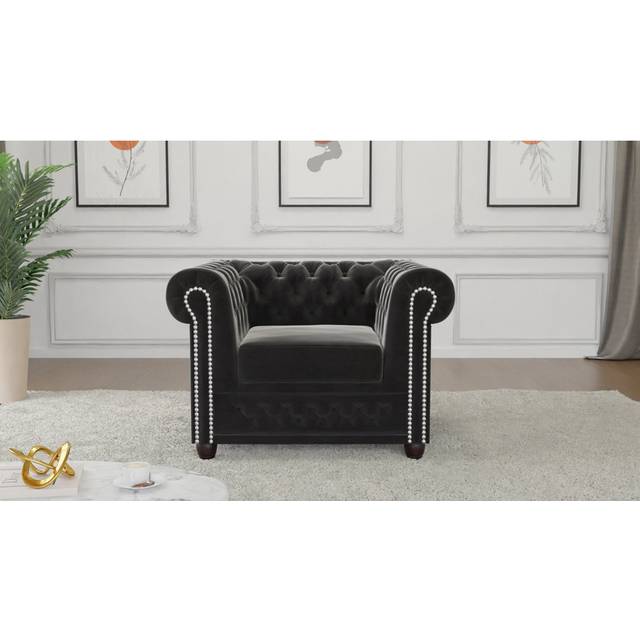 Chesterfield Armchair Hanna Made of Velvet Fabric with Solid Wood Legs - Black (72cm H X 94cm W X 86cm D)