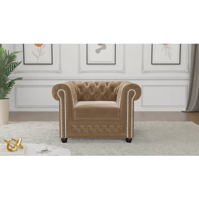 Rosdorf Park Chesterfield Armchair Hanna Made of Velvet Fabric with Solid Wood Legs Beige 72cm H X 94cm W X 86cm D