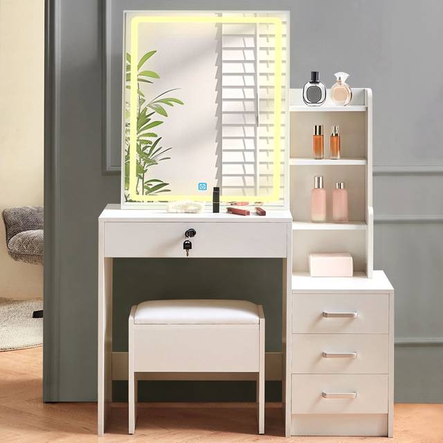 Azore Modern 4 Drawers Dressing Table with LED Mirror and Stool - White (143.6cm H X 87cm W X 40cm D)