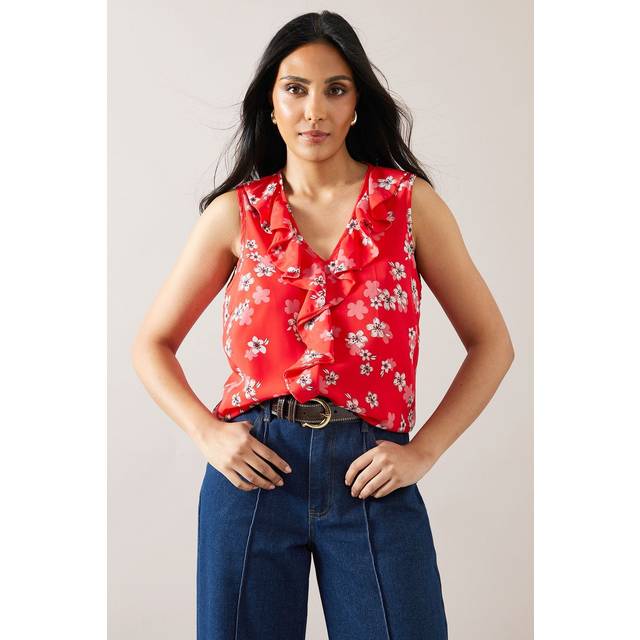 Womens Petite Floral Sleeveless Ruffle Blouse - Red - 18