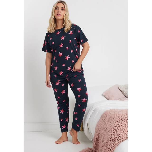 Yours Curve Navy Blue Star Print Pyjama Set - 34-36