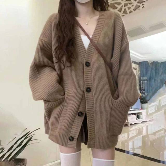 (Brown cardigan, M) New Maillard wear retro green knitted sweater cardigan