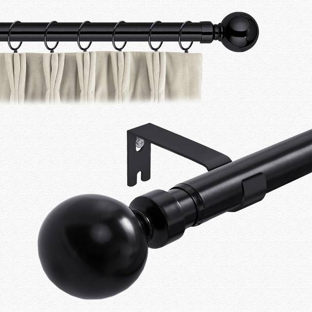 Metal Plain Ball Extendable Curtain Pole 160 cm to 300 cm Adjustable Curtain Rod - Matte Black