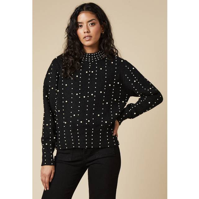 Womens Petite Pearl Embellished Jumper - Black - S