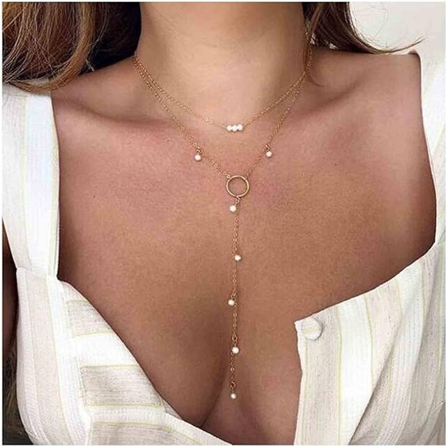 Round Pearl Lariat Necklace Gold Long Lariat Chain Necklace Women and Girls Jewelry Gift 2pcs